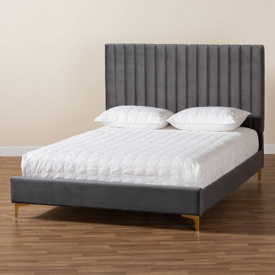 Serrano Blue Velvet Upholstered Queen Platform Bed with Gold Legs
