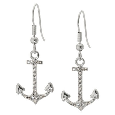 Silver Plated Anchor Drop Earrings with Crystals - Clear