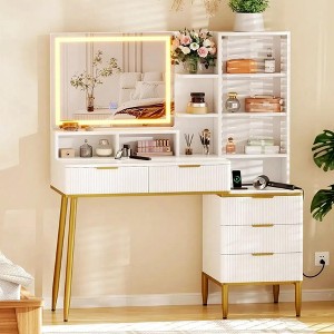 Modern Vanity Desk with Lights & Power Outlet, 5-Drawer Makeup Table with HD Mirror, Solid Wood Legs, for Bedroom,for Bedroom, Women & Girls Gift - 1 of 4