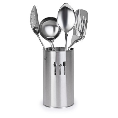 5 Pc Stainless Steel Cooking Utensil Set with Holder – Includes Spatula, Ladle, Spoons, and Countertop Holder