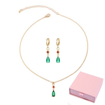 Stunning Emerald Jewelry for Women - Vintage Simplicity Water Drop Green Diamond Pendant Necklace + Earring Set