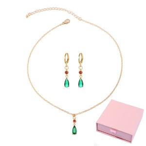 Stunning Emerald Jewelry for Women - Vintage Simplicity Water Drop Green Diamond Pendant Necklace + Earring Set - 1 of 4