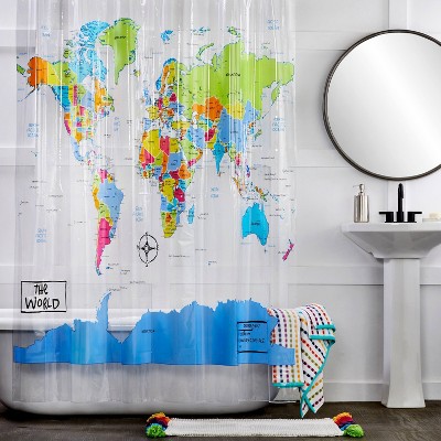 Colorful World Map PEVA Shower Curtain with Graphic Detail