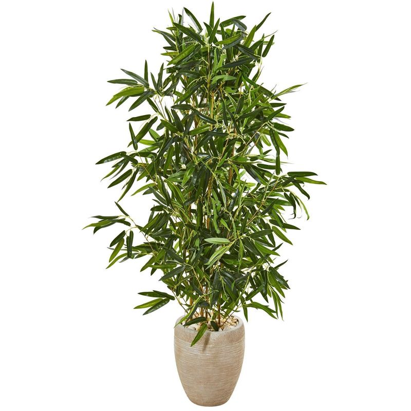 Nearly Natural 5’ Bamboo Artificial Tree in Sand Colored Planter (Real Touch) (Indoor/Outdoor), 1 of 2
