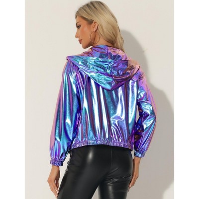 Allegra K Women's Casual Holographic Hooded Long Sleeve Zipper Metallic Jacket Large Hot Pink — фото 3