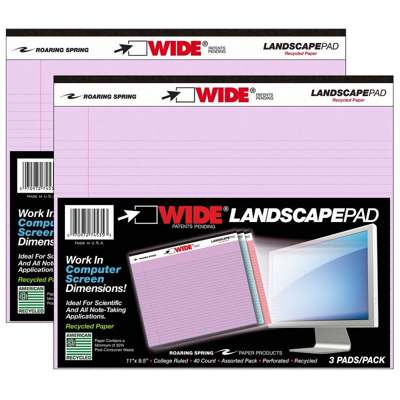 Roaring Spring Paper Products Legal Pad, Landscape, Orchid/Blue/Pink, 3 Per Pack, 2 Packs, 1 of 3