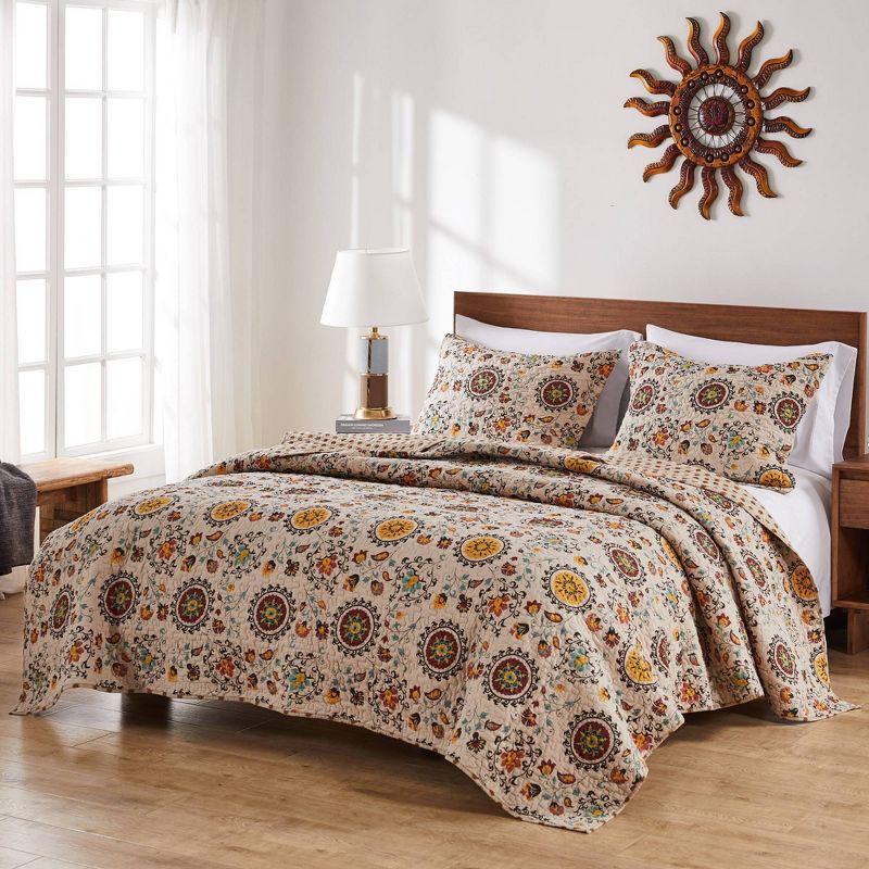 Greenland Home Fashions Andorra Quilt Set Cream/Brown/Mustard Yellow, 2 of 5