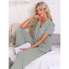 INSPIRE CHIC Women's Turndown Collar Knit Short Sleeve Top with Side Pocket Long Pant Pajamas Set - 3 of 4