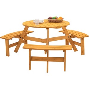 Round Wooden Picnic Table, 6 Person Outdoor Picnic Table with Benches, Umbrella Hole, 1720Lb Capacity, Outdoor - 1 of 4