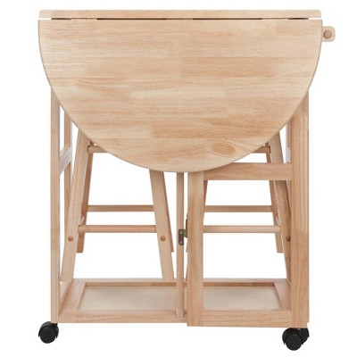 Light Wood Folding Table with 2 Stools and Wheels