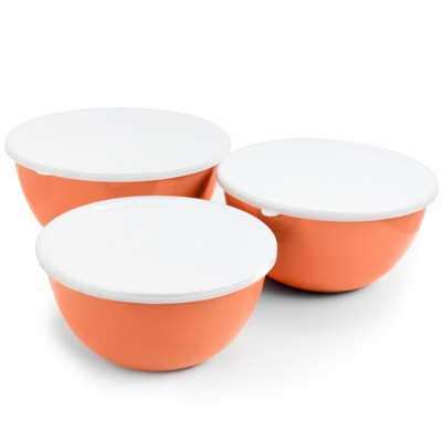 Gibson Home Plaza Cafe 3 Piece Stackable Nesting Mixing Bowl Set with Lids in Coral