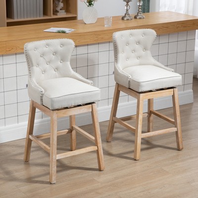 Cream Upholstered Swivel Bar Stools with Wood Legs, Set of 2