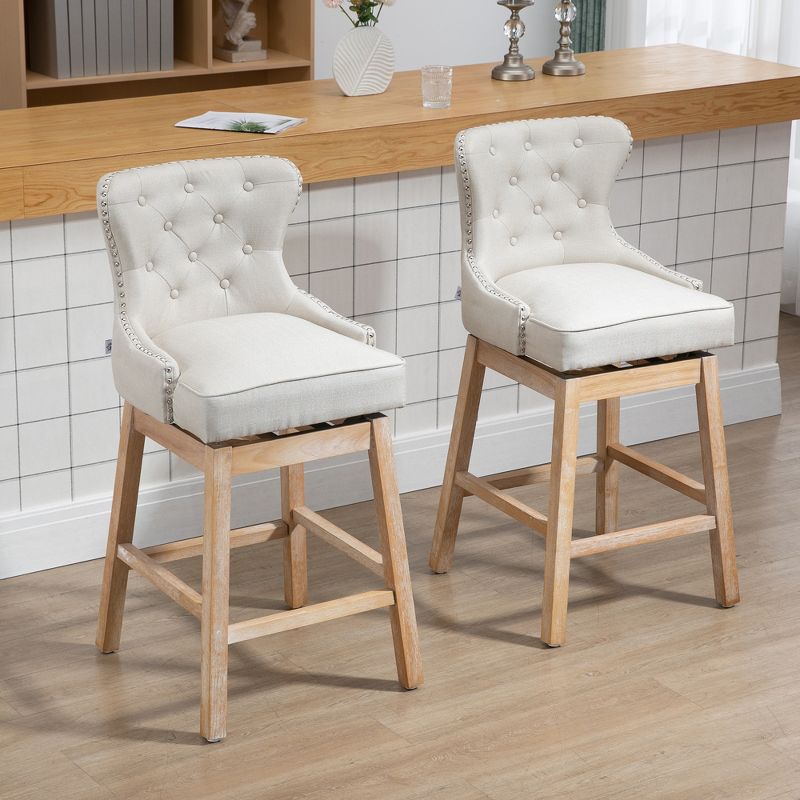 HOMCOM Upholstered Fabric Bar Height Bar Stools Set of 2, 180° Swivel Nailhead-Trim Pub Chairs, 30" Seat Height with Rubber Wood Legs, 3 of 9