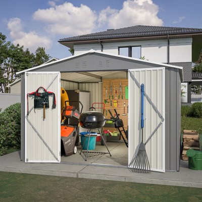 NicBex 10*10ft Modern Outdoor Storage Shed with Lockable Doors Weatherproof Galvanized Metal Garden Shed for Garden, Lawn, Patio, Gray