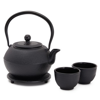 Cast Iron Tea Kettle for Stovetop - Japanese Tea Set with Warmer, Trivet,  Infuser and 4 Teacups, Hobnail Design (40 oz, Black, 6 Pieces) 