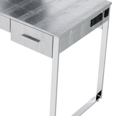50" Antique White and Chrome Vanity Set with Faux Fur Bench