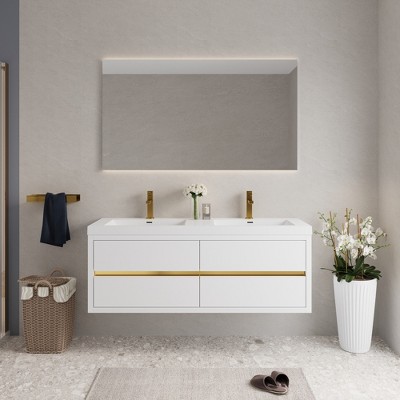 Whisen Pre-Assembled Floating Wall-Mounted Bathroom Vanity with Stone Resin Sink, U-Shaped Storage Drawers