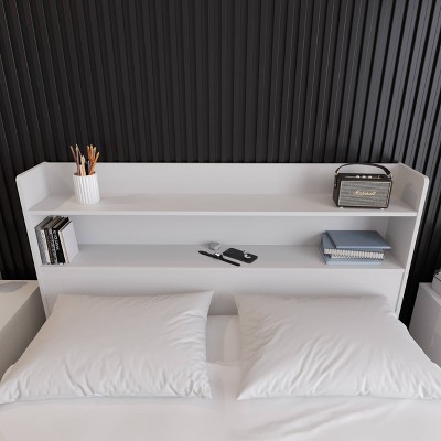 White Queen Wood Bookcase Headboard with Storage