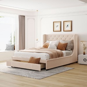 NicBex Queen Upholstered Platform Bed Frame with Wingback Velvet Headboard and 1 Drawer,Wood Slats Support,No Box Spring Needed,Easy Assembly - 1 of 4