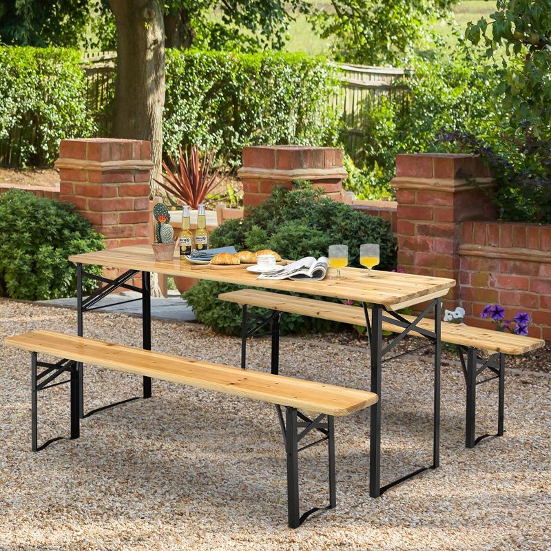 Costway 3 PCS Beer Table Bench Set Folding Wooden Top Picnic Table Patio Garden, 2 of 13