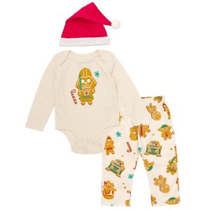 STAR WARS Christmas Baby Bodysuit, Pants and Velour Santa Hat 3 Piece Outfit Set Newborn to Infant - 1 of 4