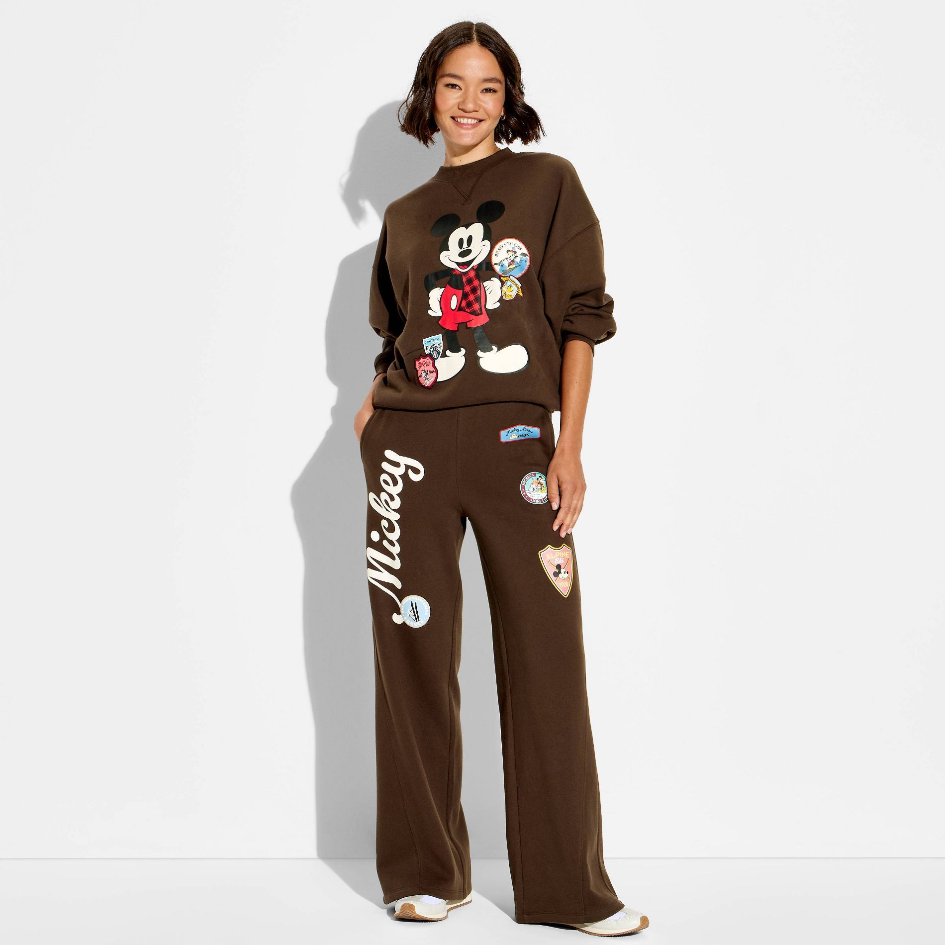 Women's Wide Leg Mickey Mouse Graphic Sweatpants - Brown