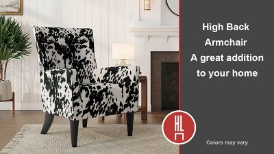 Velvet Black Cow Print Wingback Accent Chair with Flared Arms