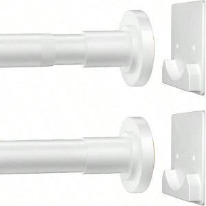 White Shower Curtain Rod, 1 Inch Diameter Stainless Steel Adjustable Spring Tension Rods 32 to 92 Inch with Holders Anti - 1 of 4