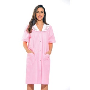 Dreamcrest Womens Short Sleeve Duster, Seersucker Gingham Housecoat/Women Sleepwear Embroidered Snap Front Nightgown - 1 of 2