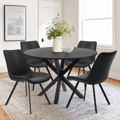 Oliver Kourtney 5 Piece Solid Black Round Dining Table Set with Black Faux Leather Dining Chairs Set of 4 with Black Legs The Pop Maison