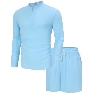 Men's 2 Piece sets beach outfits Summer casual Linen Sets Henley Shirts and Shorts - 1 of 4