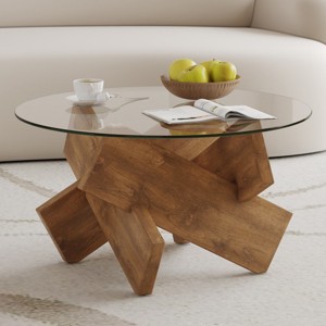 Minimalis Round Glass Coffee Table With Unique Design Legs,Walnut Colored Texture Sticker MDF Legs,Coffee Table With Glass Top -Maison Boucle - 1 of 4