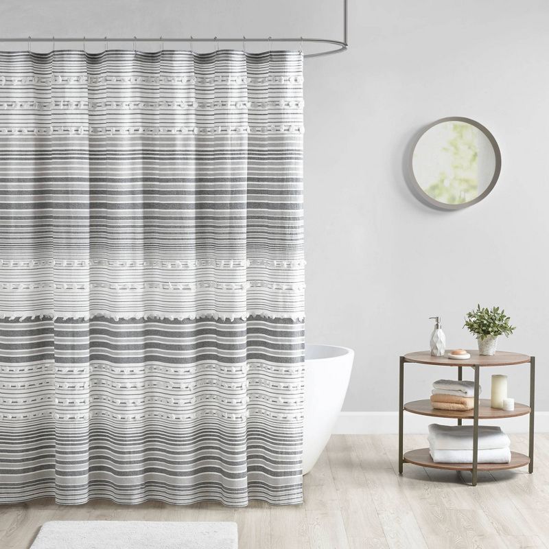 Corey Cotton Yarn Dye Shower Curtain with Pom-Poms Gray, 1 of 5