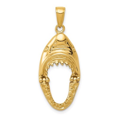 Black Bow Jewelry 14k Yellow Gold Moveable 2D Hinged Jaws Shark Head Pendant, 15 x 25mm