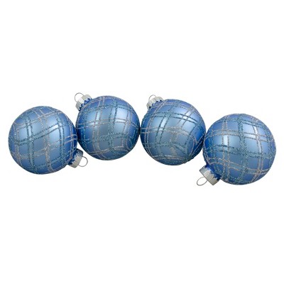 Northlight 4ct Blue and Silver Plaid Glitter Glass Christmas Ornament Ball Set 2.75" (70mm)