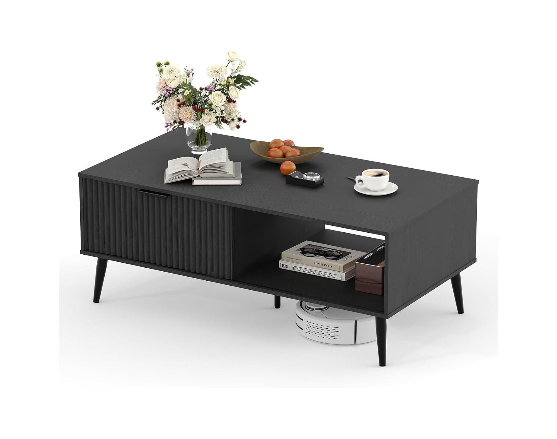 Coffee Table with Storage Rectangular Wooden Coffee Table with Sliding Door and Solid Wood Legs, Mid Century Modern Coffee Table , Black