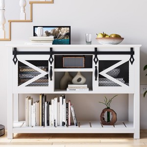 Farmhouse Entryway Table with Sliding Barn Doors, Sofa Table with Storage and Open Shelf, Console Tables for Entryway, Hallway, White - 1 of 4