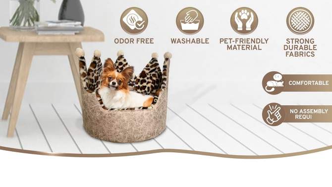 Precious Tails Leopard Princess Cat and Dog Crown Bolster Bed - Taupe - S, 2 of 7, play video