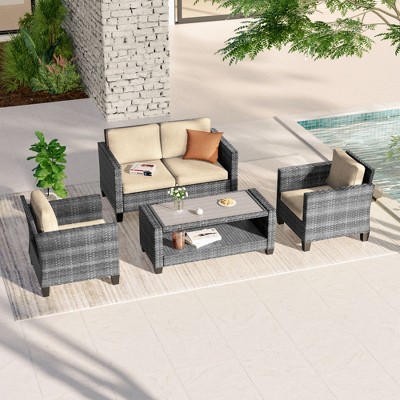 Sonkuki 4 Pieces Patio Conversation Set, Loveseat Sofa with Coffee Table, All-Weather PE Rattan Wicker Sofa
