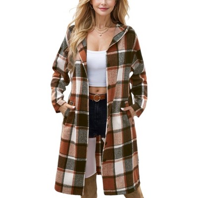 Amaryllis Women's Button-Up Plaid Coat Long Sleeve Hooded Trench Casual Layering Piece Versatile Fall Outerwear