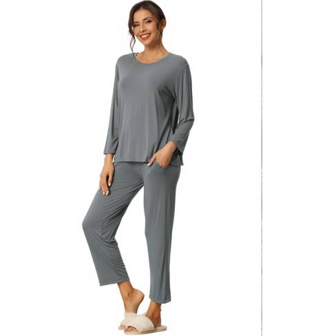 cheibear Women's Long Sleeve Pajama Set Sleepwear Soft Modal Round Neck  Shirt and Long Pants Nightwear Grey Large
