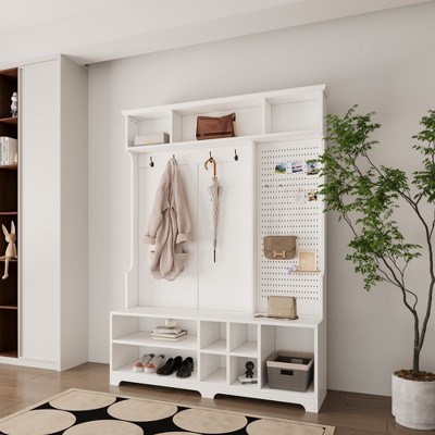 5-in-1 Entryway Bench with Coat Rack and 4 Sturdy Hooks, 57.48'' Wide Hall Tree with Shoe Storage Bench 4M - ModernLuxe