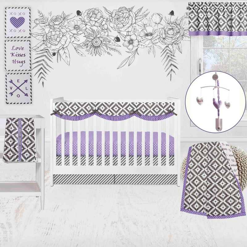 Bacati - Love  Gray Lilac 10 pc Crib Bedding Set with Long Rail Guard Cover, 1 of 13
