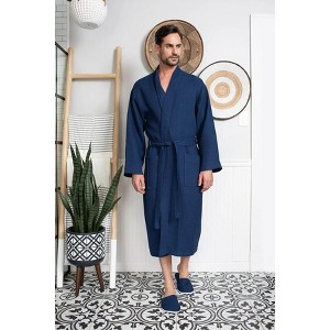 Lotus Linen Waffle Spa Bathrobe for Men - Absorbent, Lightweight Navy Medium - 1 of 4