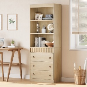 Garvee Fluted Bookshelf 70.8" Bookcase with 3 Drawers, Tall Bookshelf with Waved Design Light Wood 31.5" Wide - 1 of 4