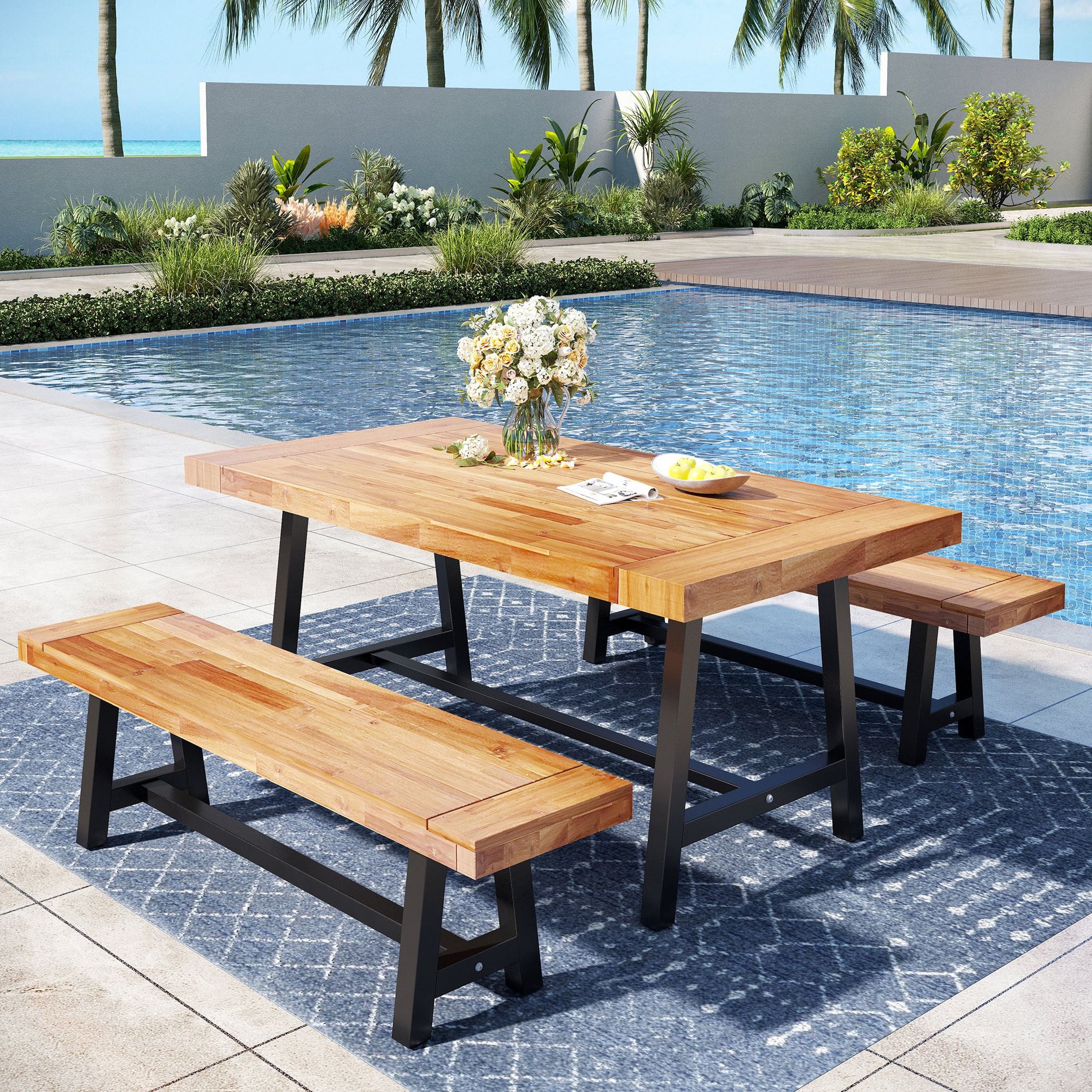 Captiva Designs 3Pc Patio Dining Oil Finished Tabletop and Spray Painted Leg Acacia Wood Table & Backless Acacia Wood Bench