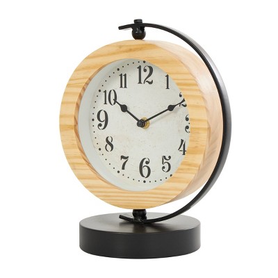 11"x8" Wood Clock with Curved Black Metal Stand and Base Light Brown - Olivia & May: Pine Material, Analog Display, Adult Decor