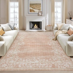 Washable Modern Floral Bordered Rug, Low-Pile Non-Slip Indoor Carpet, Stain-Resistant Floor Cover for Living Room, Bedroom, Dining, Office - 1 of 4
