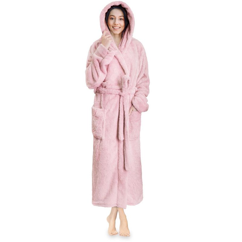 PAVILIA Women Hooded Plush Soft Robe, Fluffy Warm Fleece Faux Shearling Shaggy Bathrobe, 1 of 8