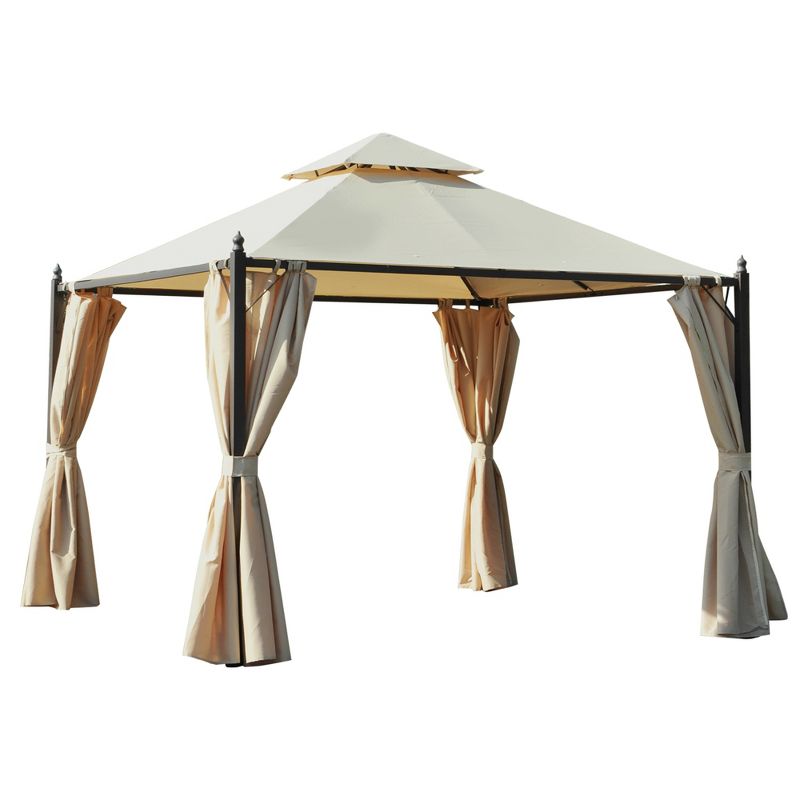 Outsunny 10' x 10' Outdoor Patio Gazebo Canopy with Polyester Privacy Curtains, Two-Tier Roof, Beige, 1 of 9